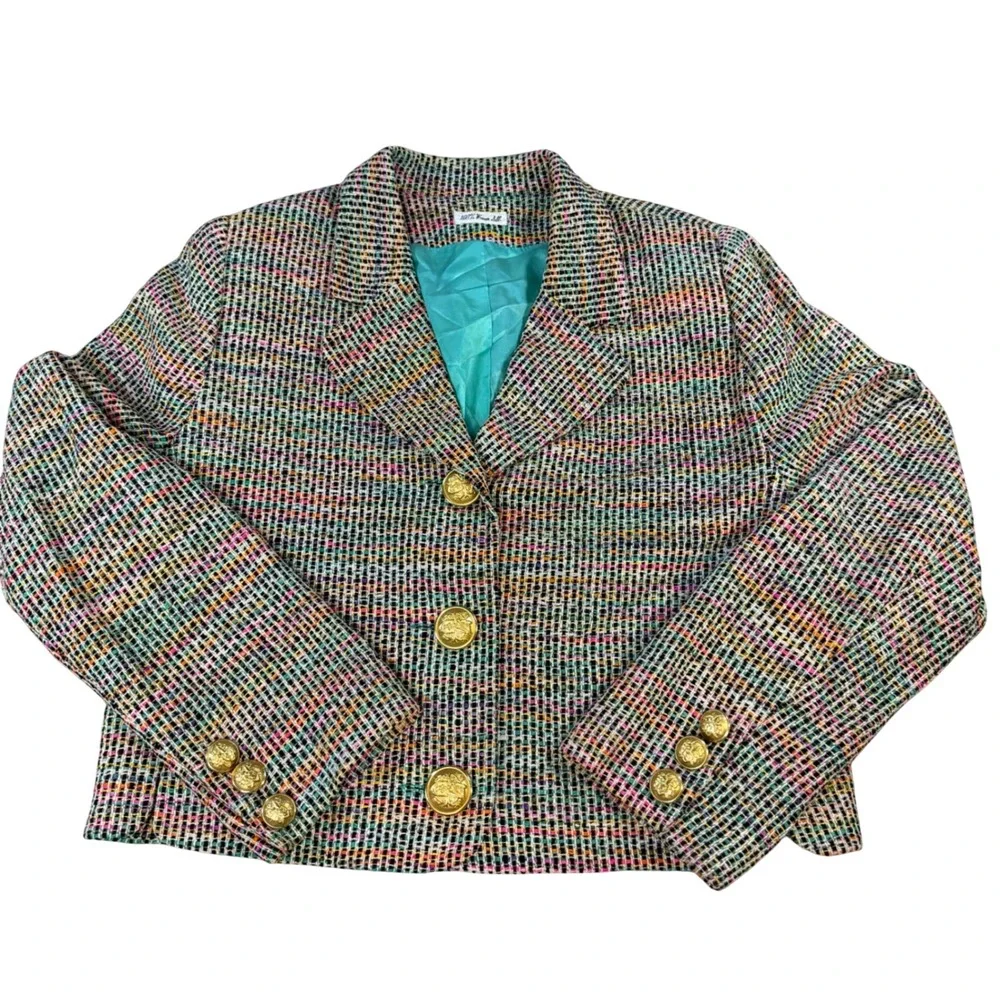 Ann May Womens 100% Silk Rainbow Tweed Cropped Blazer Gold Crest Buttons 10